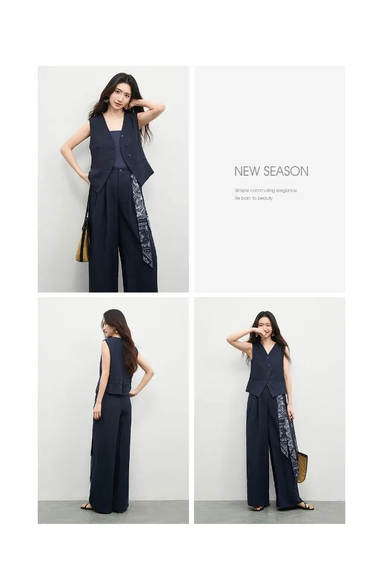 SENTUBILA Office 2 Piece Pant Set 2026 Women Linen Blend Summer Suit V Neck Waistcoat Wide Leg Baggy Pant Print Scarf 162ZA5663Z