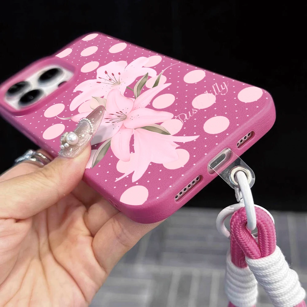 Retro Pink Polka Dot Flower With Lanyard Soft Leather Phone Case For iPhone 17 Pro Max 17 Air 16 14 15 11 12 13 16 Pro XR Cover view 3