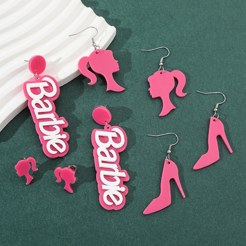 Barbie Earrings for Women Pink Fashion Barbie Letter Earring Acrylic Pendants Creative Design Jewelry Accessories for Women Girl