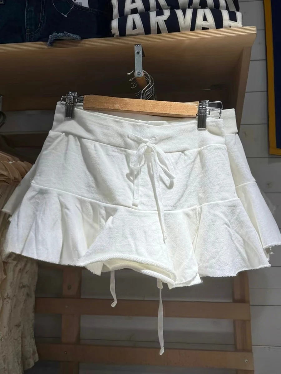 

Drawstring White Raw Hem Mini Skirts For Women Lace-up Elastic Waist Ruffle A-line Faldas Bottom Summer Preppy Style Sweet Skirt
