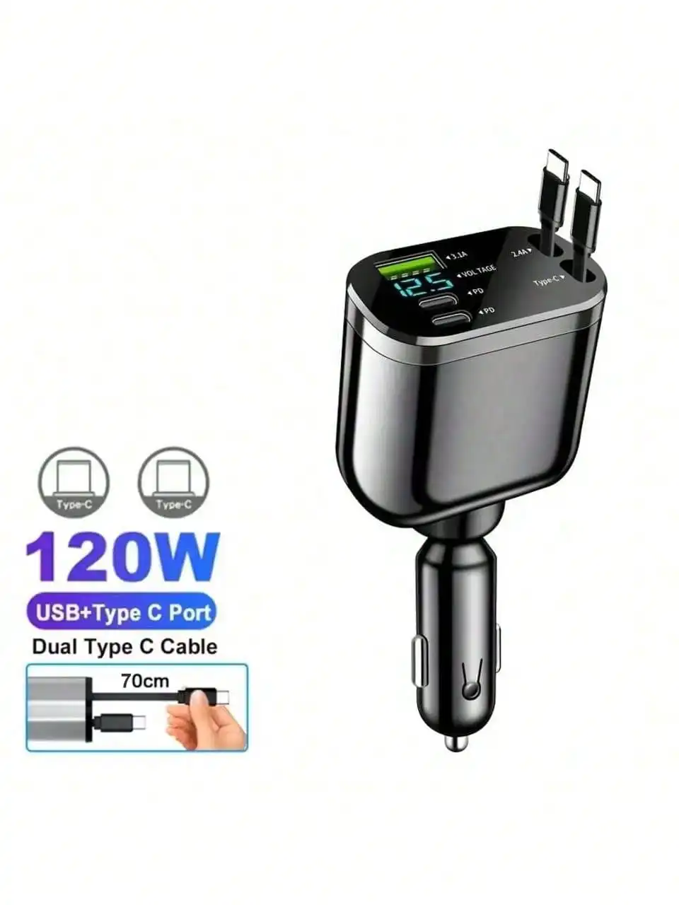 

Выдвижное автомобильное зарядное устройство 120 Вт, 5 в 1, кабель USB типа C для iPhone 17-12, шнур быстрой зарядки Samsung, адаптер прикуривателя