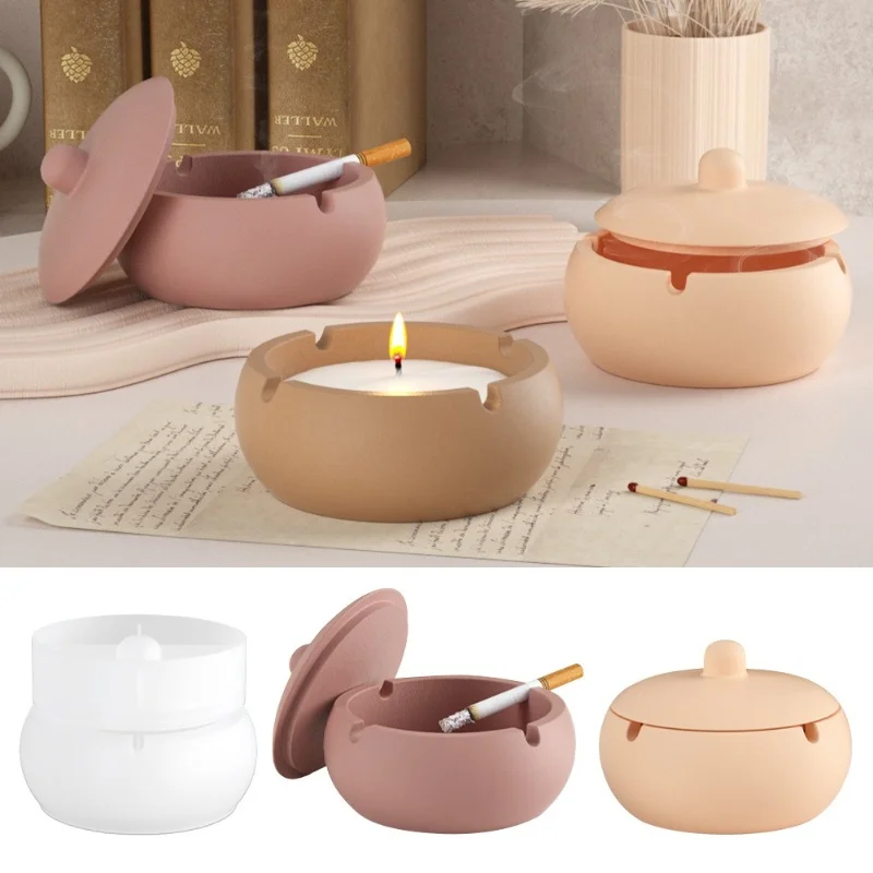 Ashtray Candle Silicone Mold DIY Gypsum Incense Burner Circular Covered Storage Tank Resin Epoxy Mold Home Decoration Storage