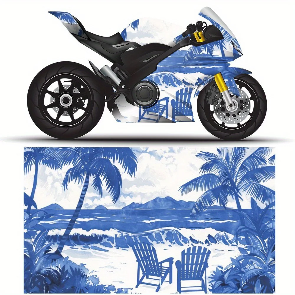 

Palm Trees and Lounge Chairs Motorcycle Vinyl Wrap, Waterproof Removable Decal Sticker, Universal Fit for Motorbikes, Durable An
