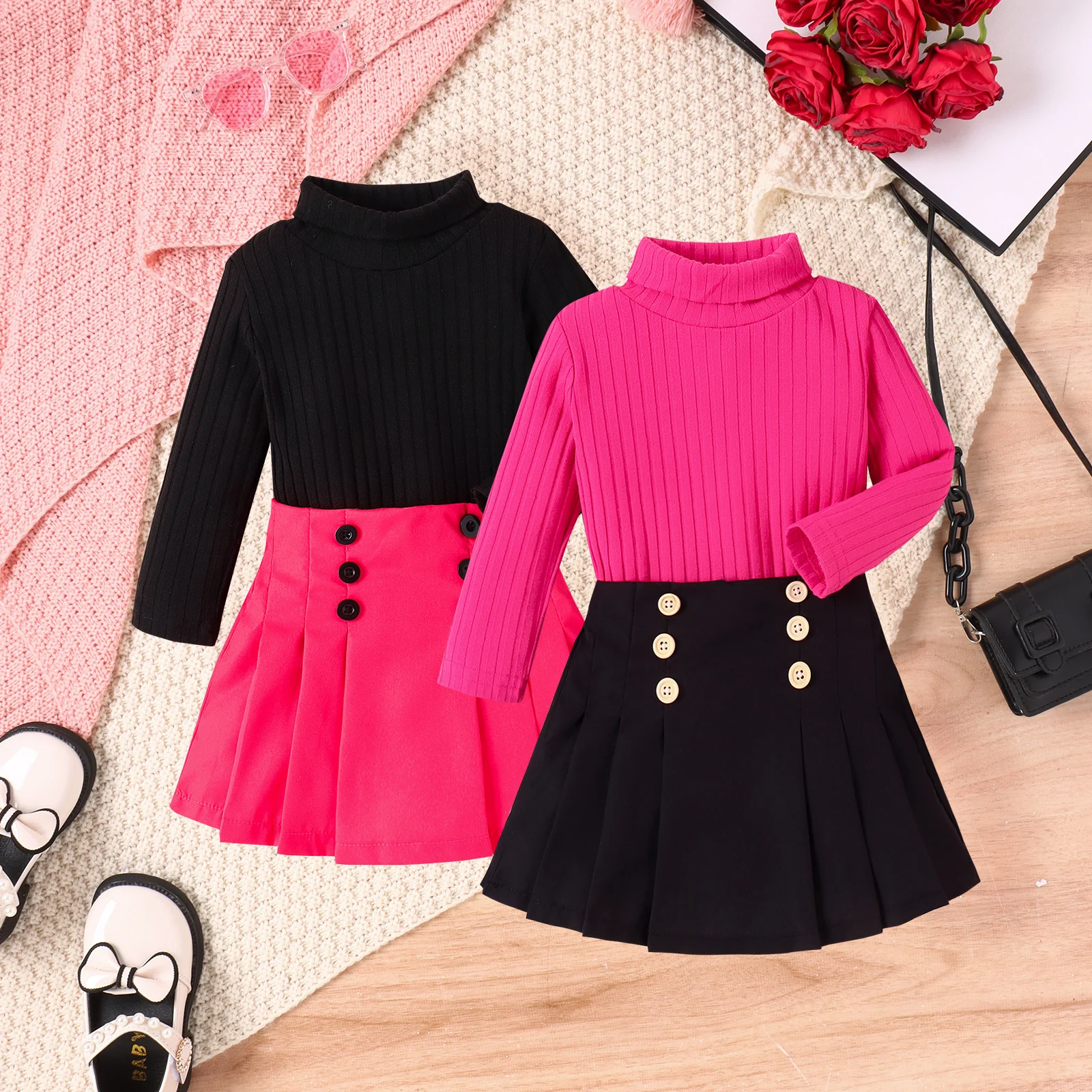 2PCS Autumn 1-4 Years Old Girl Baby Trend Foreign Style High-Neck Two-Color Wide Pit Strip Long-Sleeved Top + Pleated Skirt Suit