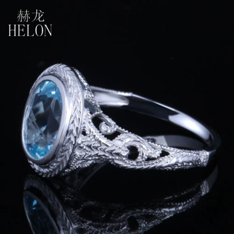 HELON Oval 9x7mm Genuine Blue Topaz Ring Solid 14k 10K White Gold Women Vintage Fine Jewelry Engagement Wedding Ring