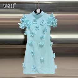 VGH Elegant Patchwork Appliques Solid Dress For Women Stand Collar Short Sleeve High Waist Temperament Slimming Dresses Female