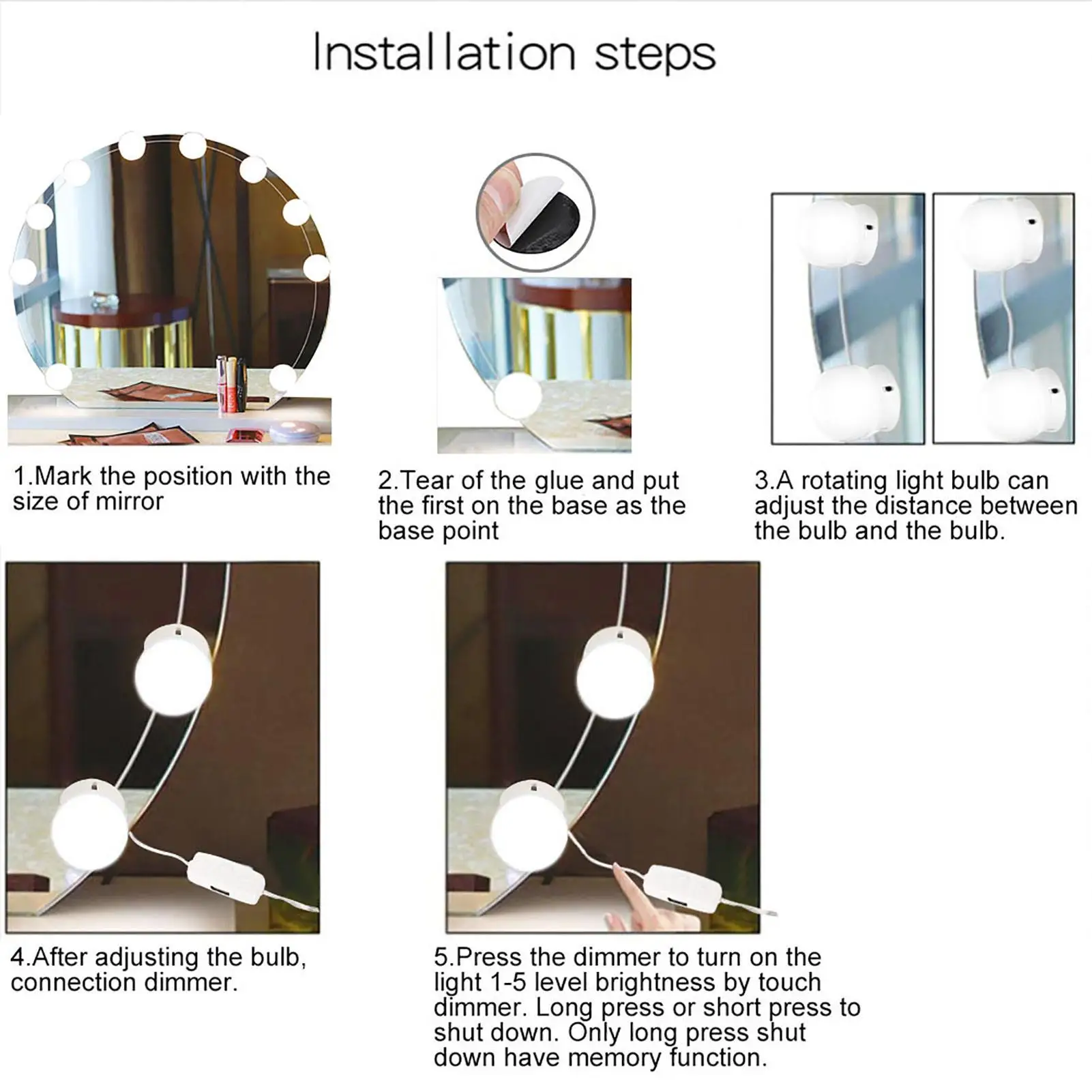 Kit di luci per specchietti da trucco a LED dimmerabili da 10 pezzi-lampadine per trucco regolabili luminose per applicazioni cosmetiche perfette