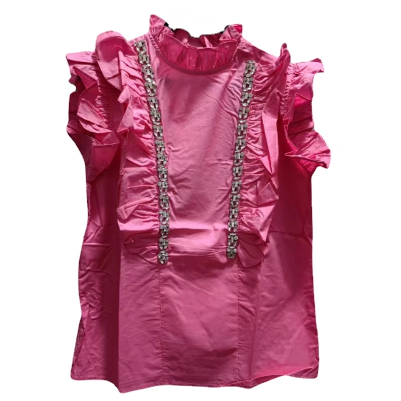 Dames Mouwloos Shirt Roze Top Met Studs Strass Kralen Top Ruches Patchwork Blouse 2024 Lente Zomer Blusas Mujer