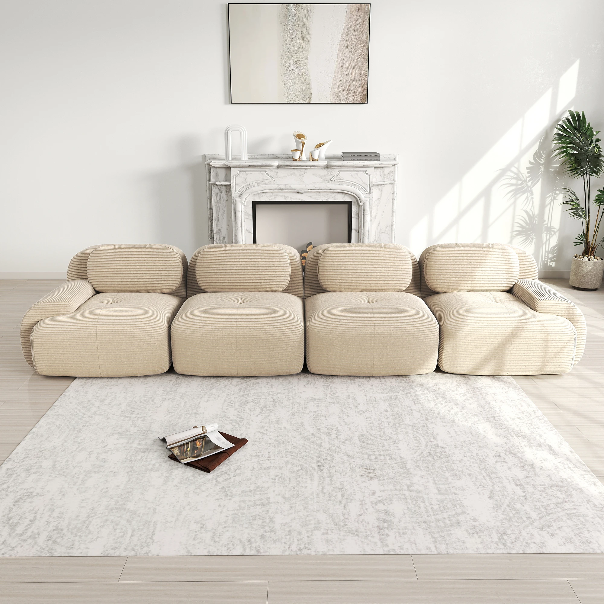 KOMHTOM Rahmenloses 4 Sitzers Sofa aus weichem Cordstoff ohne Montage vakuumverpackt frei kombinierbar mit 32D hochelastischer