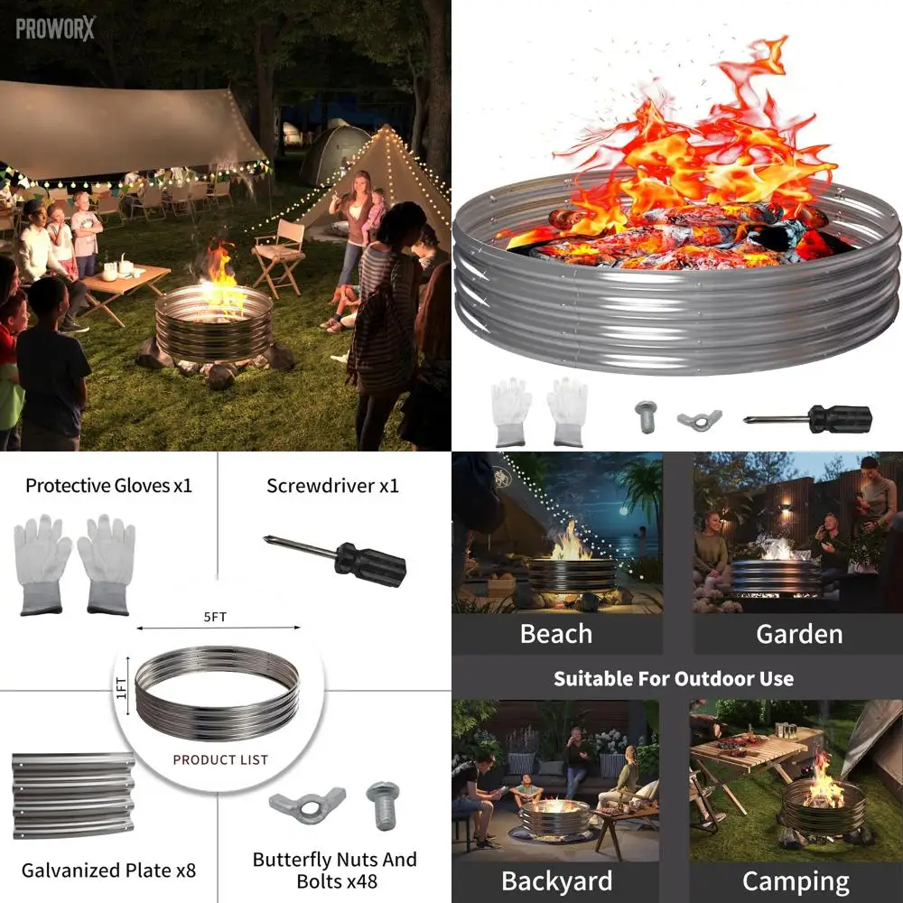 

60 Round Galvanized Portable Outdoor Fire Pit Ring - Steel Bonfire Ring for Backyard, Camping