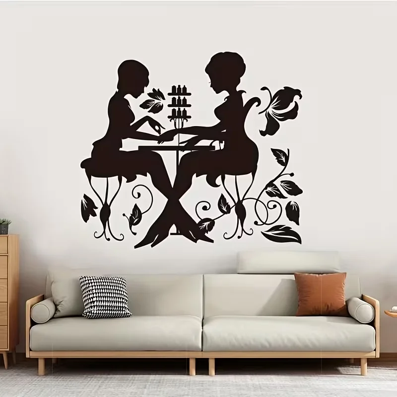 Exquisite Wall Stickers Featuring Two Girls with Nail Art And Floral Vine Patterns, Perfect for Decorating Your Home Or Shop