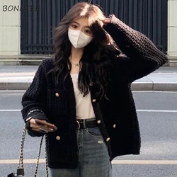 Black Cardigan Women Coat Temper Office Lady Vintage Baggy Classic Pockets Streetwear Simple Knitted Aesthetic V-neck Sweater