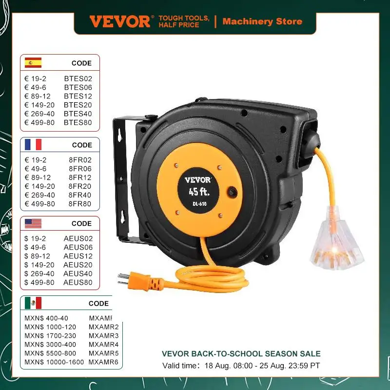 

VEVOR Retractable Extension Cord Reel 45/50/65 FT with Lighted Triple Tap Outlet&180° Swivel Bracket Black Heavy Duty Power Cord