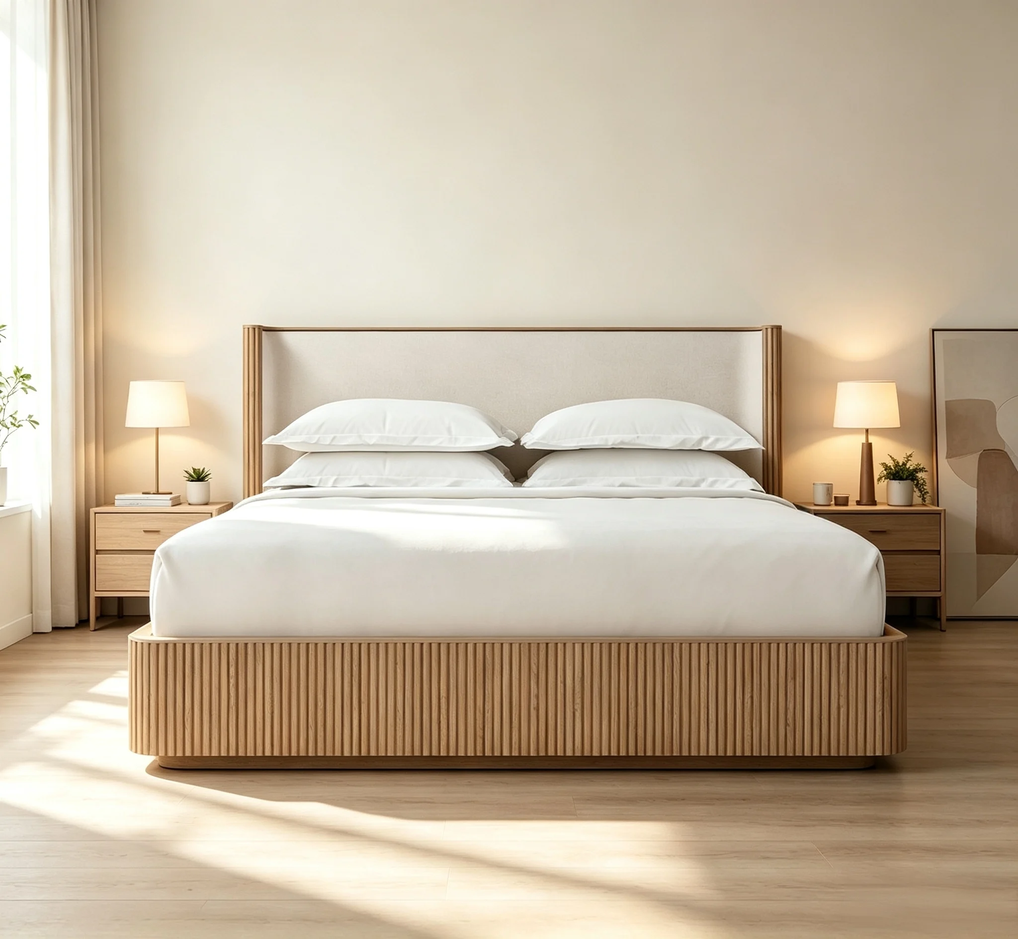 Modern Fluted Upholstered Platform Bed Frame, Natural Wood Veneer Low Profile Bed For Home Hotel Apartment Villa