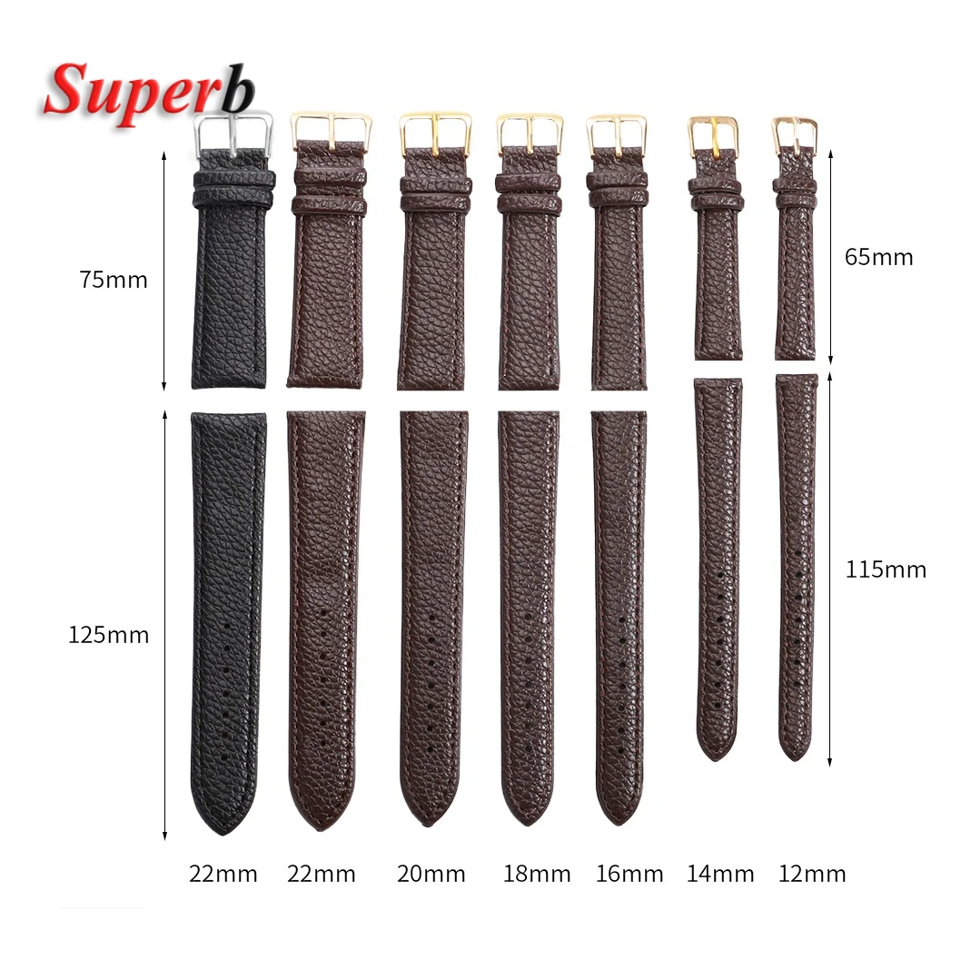 Мягкий кожаный ремешок для часов из искусственной кожи с узором личи для мужчин и женщин, черный, коричневый, сменный браслет 12 мм, 14 мм, 16 мм, 18 мм, 20 мм, 22 мм