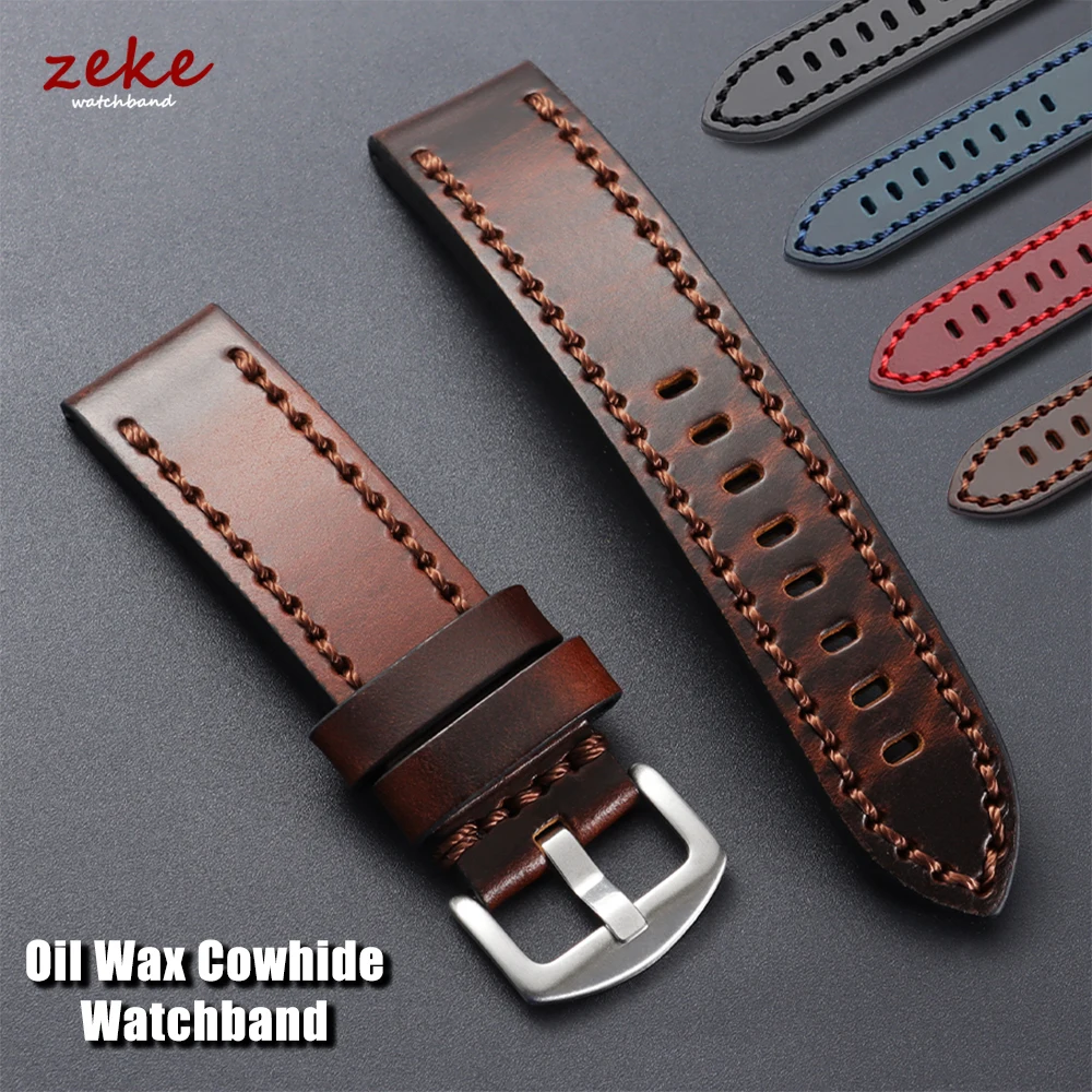 Handmade Stitching Cowhide Watch Band Vintage Waxed Top-Grain Leather Watch Strap 18mm 20mm 22mm 24mm for Men Wristwatch Bands