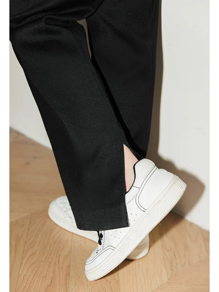 슬리밍 효과 울 스트레이트 레그 수트 팬츠 여성용 하이웨이스트 롱 트라우저, 패셔너블한 애슬레저 스타일 사선 직조 프리미엄 스펀