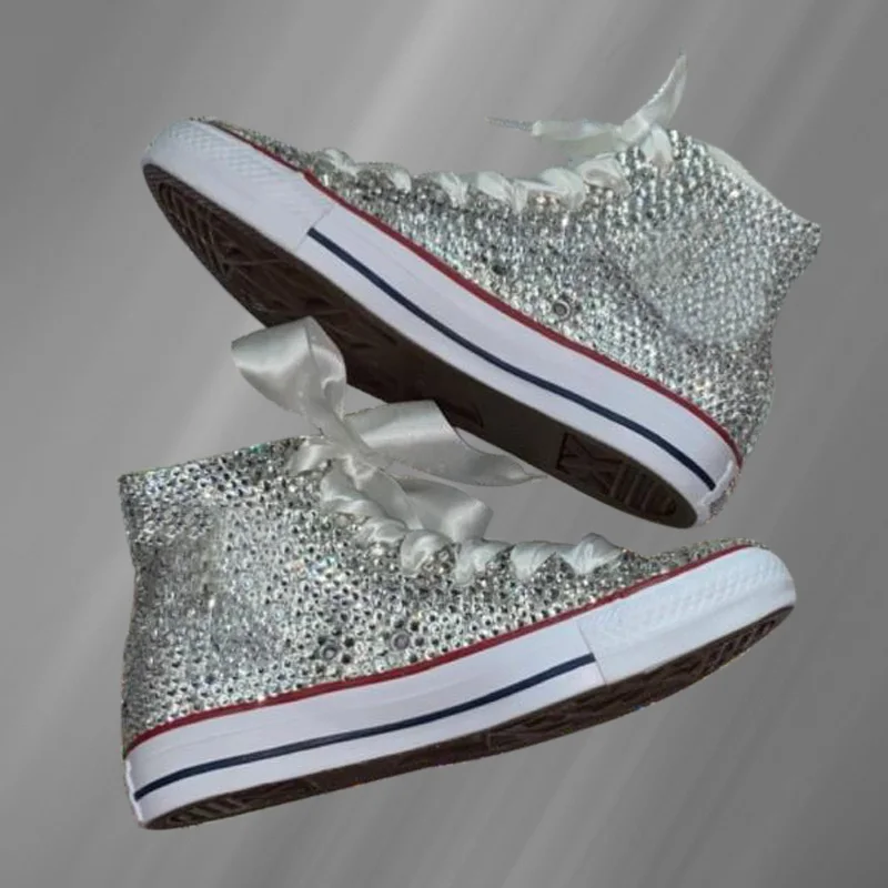 High-top canvas shoes ribbon stitching rhinestone walking comfortable sneakers handmade rhinestone vulcanized shoes 35-46