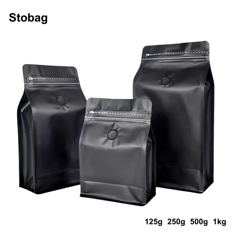 StoBag 50pcs Black Coffee Beans Bag Packaging with Valve Aluminum Foil Sealed for Food Powder Tea Nuts Storage Airtight Pouches