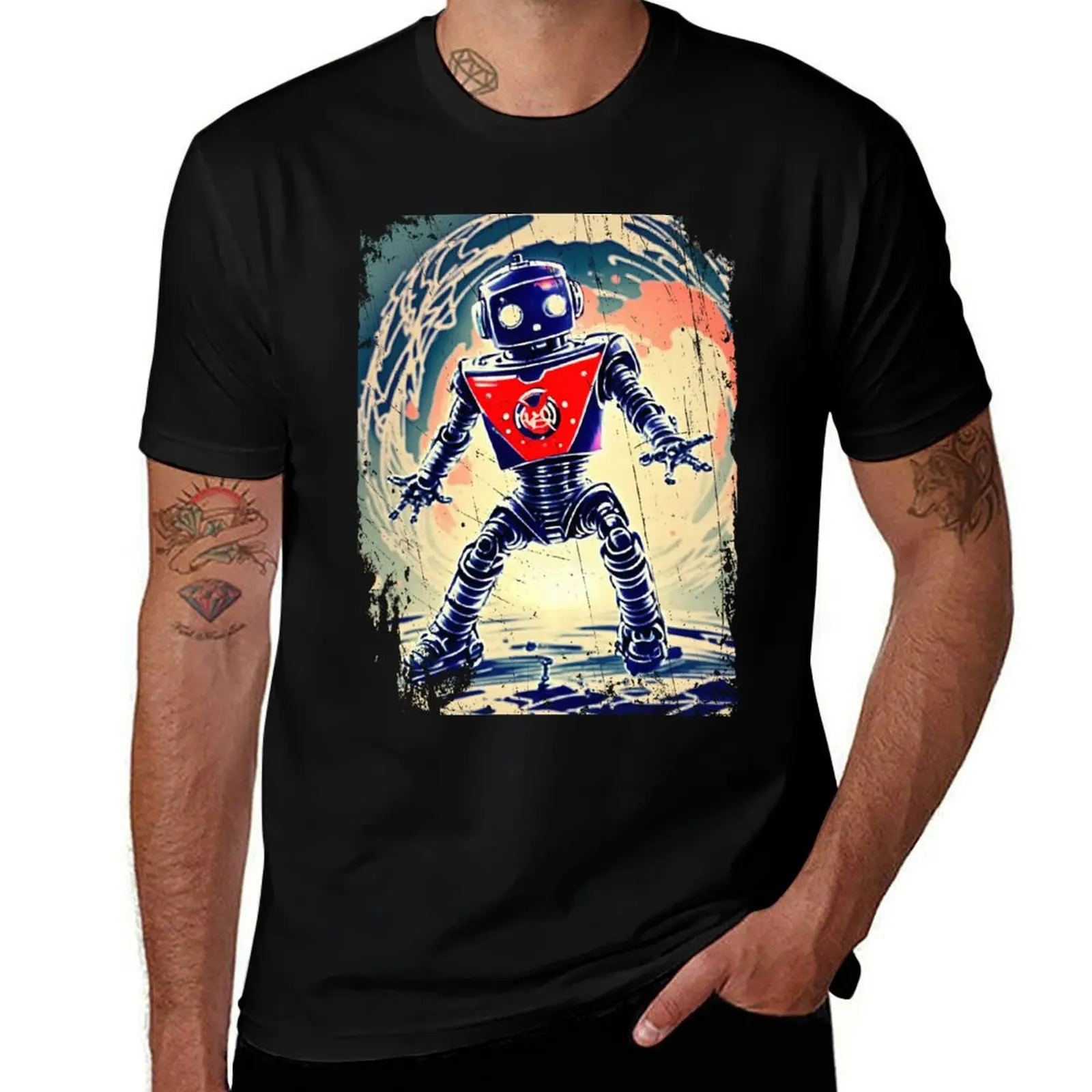 Retro Robot, used look and old school, scifi T-Shirt blue archive summer tops graphic t shirts plus size men clothing