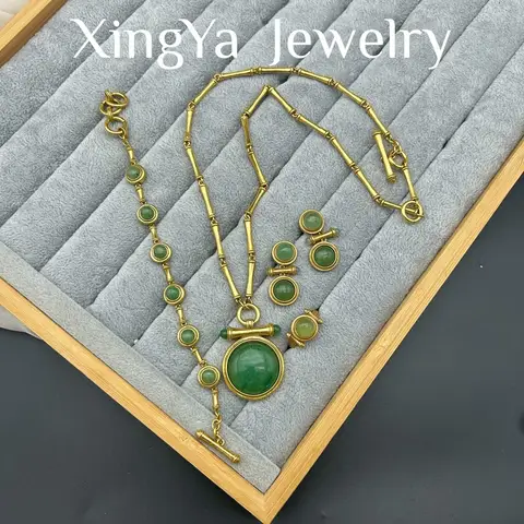 KEQIUVINTAGE copper-plated real gold bamboo joint green Dongling inlaid pendant long necklace bracelet ring stud set