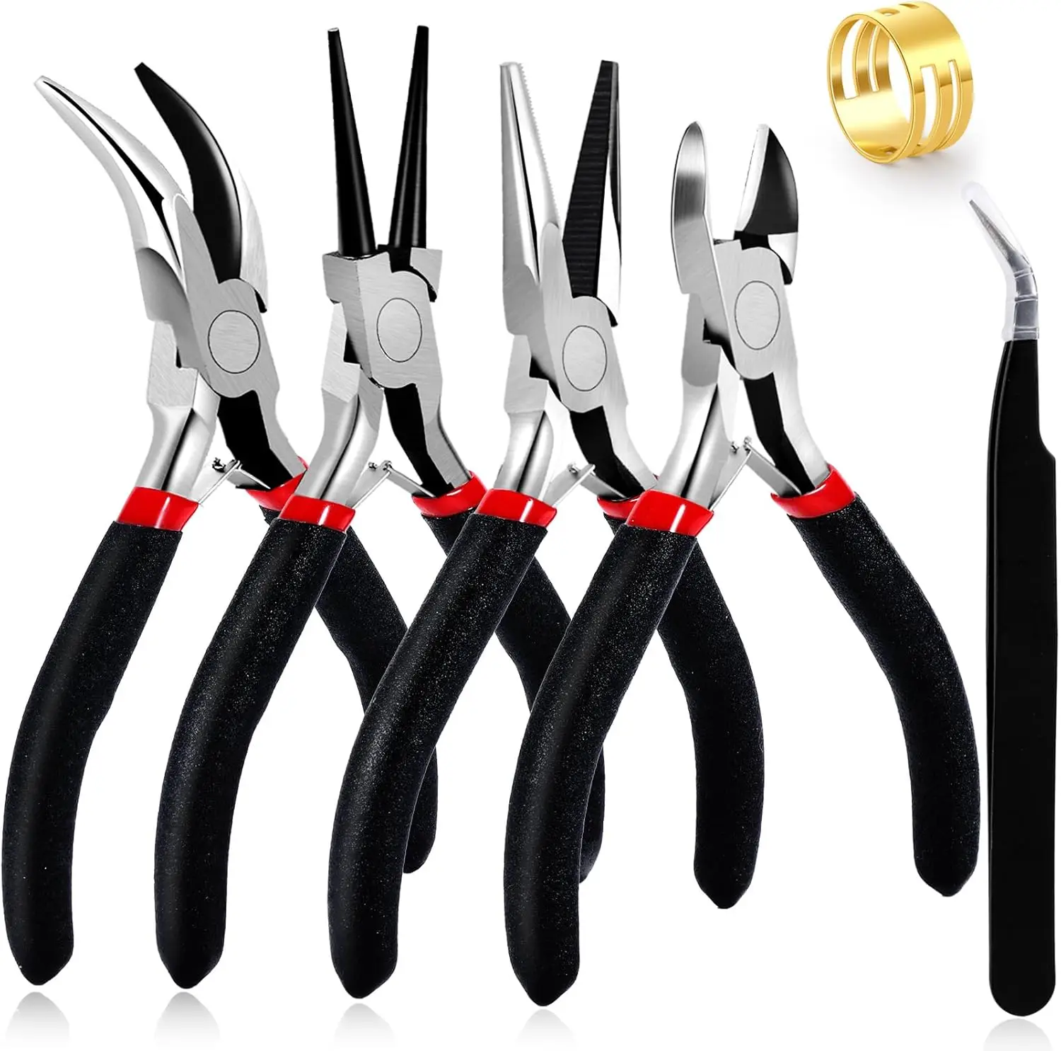 

6Pcs Jewelry Pliers Set - Wire Cutters, Round Nose, Needle Nose, Bent Nose Pliers with Tweezers & Jump Ring Opener