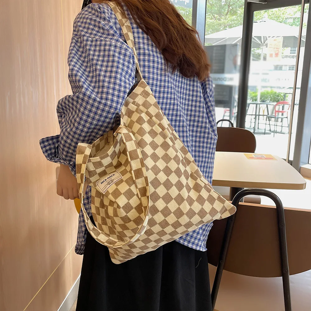 Niche ins shoulder bag women\'s new large capacity simple versatile corduroy bag high-looking texture plaid tote bag