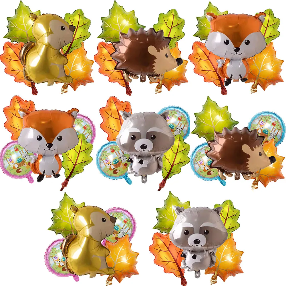 5pcs/set Hedgehog Squirrel Foil Balloon with Leaves Balloon for Boy's Woodland Animal Birthday Party Thanks Giving Decorations