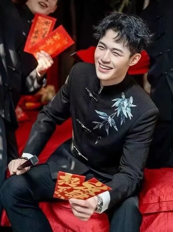 

Новый китайский мужской костюм с воротником-стойкой и пуговицами из бамбука, для свадьбы, весенне-осенний, высококачественный, в стиле Тан