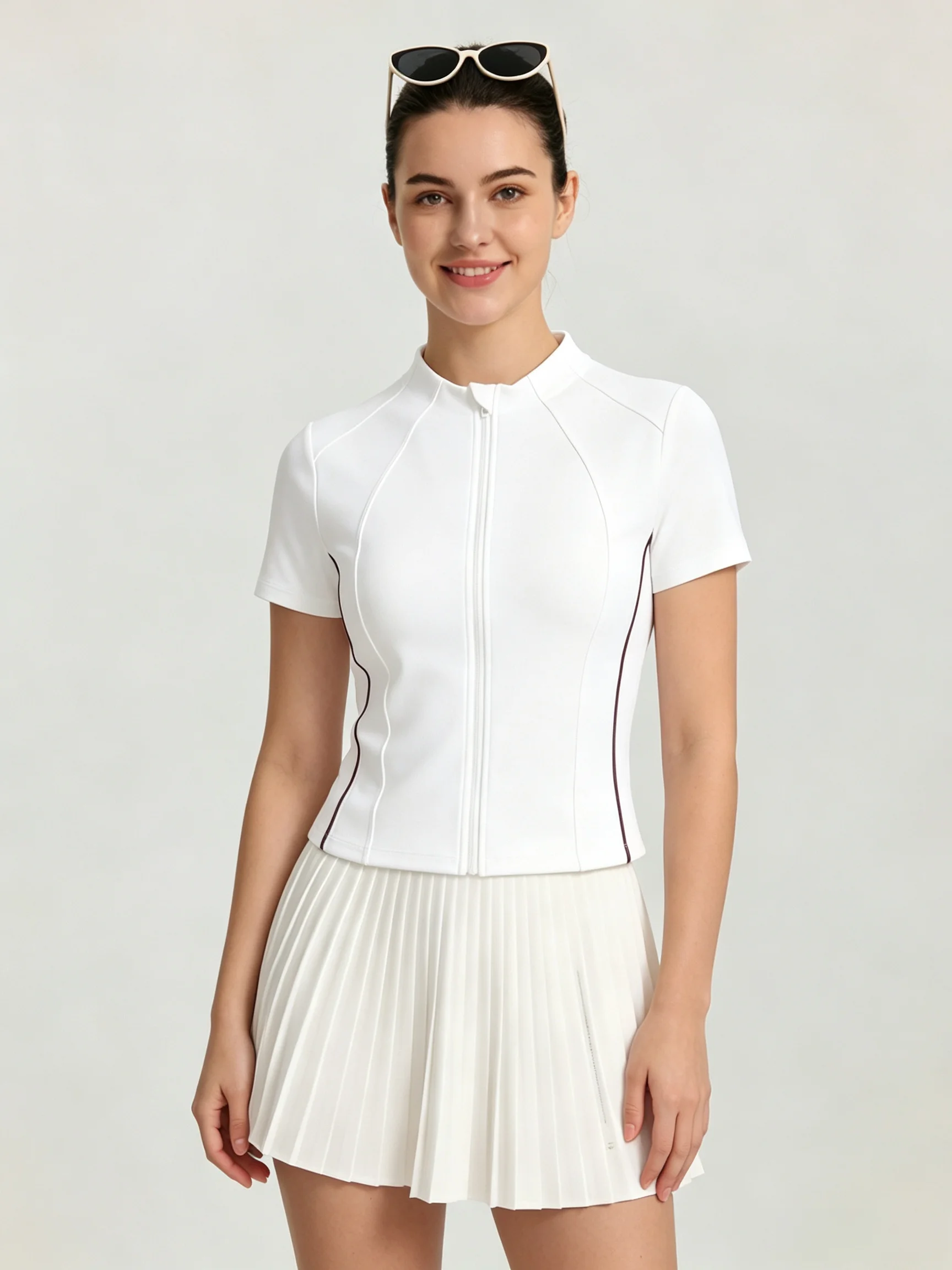 Slim Contrast Piping Stitch Zip Short Sleeve Jacket Ladies Stand Collar Quick Dry Breathable Golf Tennis Athletic Top