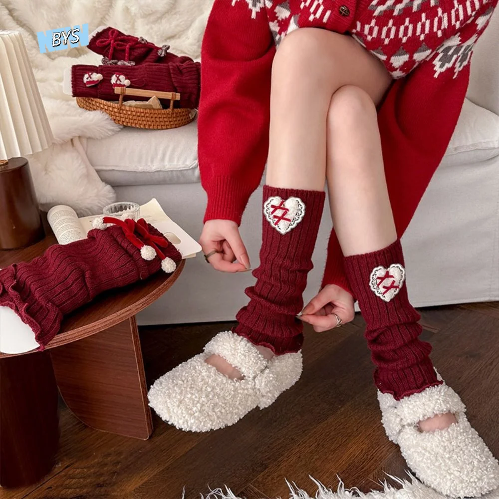 

Kawaii Cartoon Knitted Leg Warmers Bow Design Thickened Furry Leg Warmers Middle Tube 38cm Lolita Boots Cover Travel Use