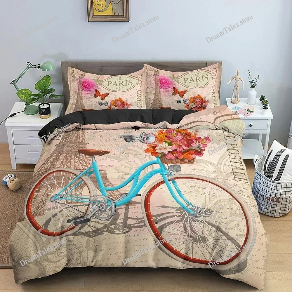 

Eiffel Tower Bedding Set Romantic Style Duvet Cover Set with Pillowcase King Queen Size Comforter Cover for Valentine's Day
