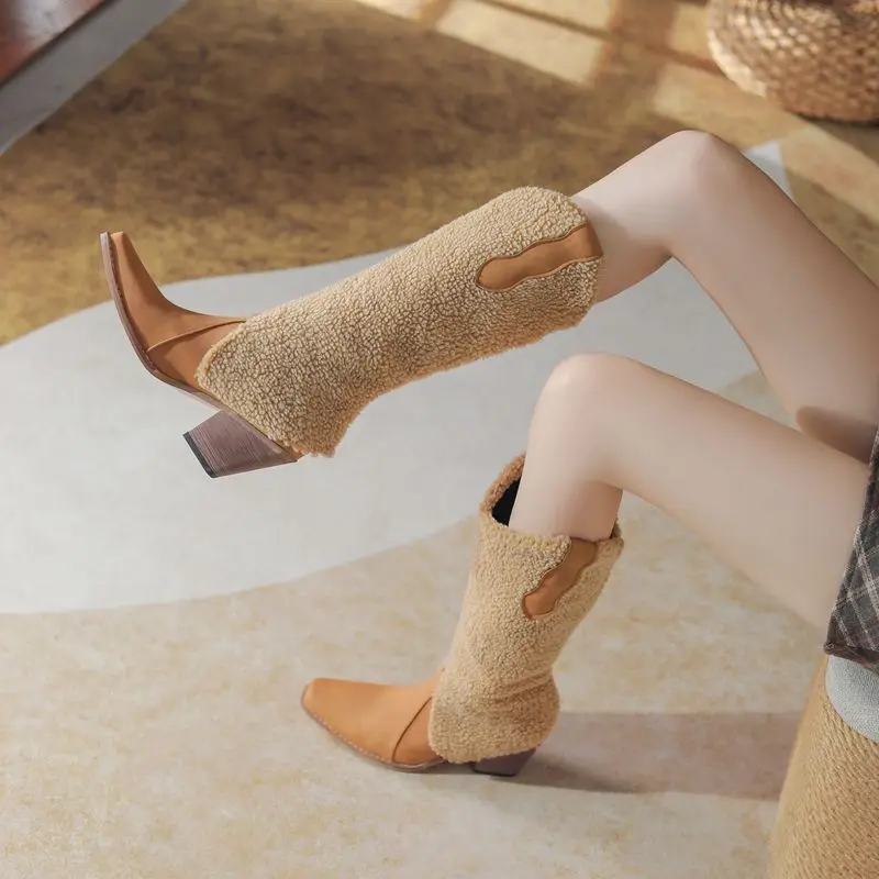 

Брендовые ботинки Girseaby в стиле вестерн, женские ботинки без шнуровки на массивном каблуке с квадратным носком, большие размеры 45, 46, теплые зимние повседневные ботинки для верховой езды