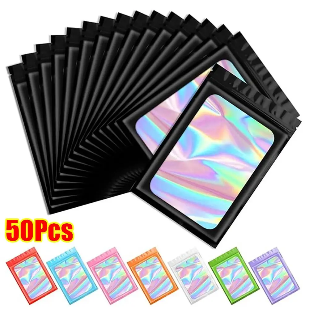 Bolsa Ziplock de Color láser holográfica, bolsa de plástico resellable con cierre de cremallera, bolsa de embalaje gruesa a prueba de olores, 50 Uds.