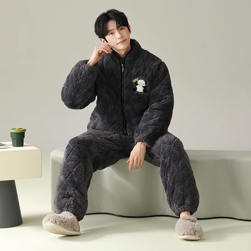 2026 New Flannel Men Pajamas Thickened Warm Autumn Man Winter Sleepwear Cartoon Men's Long Sleeve Trousers Zipper Homewear Suit
