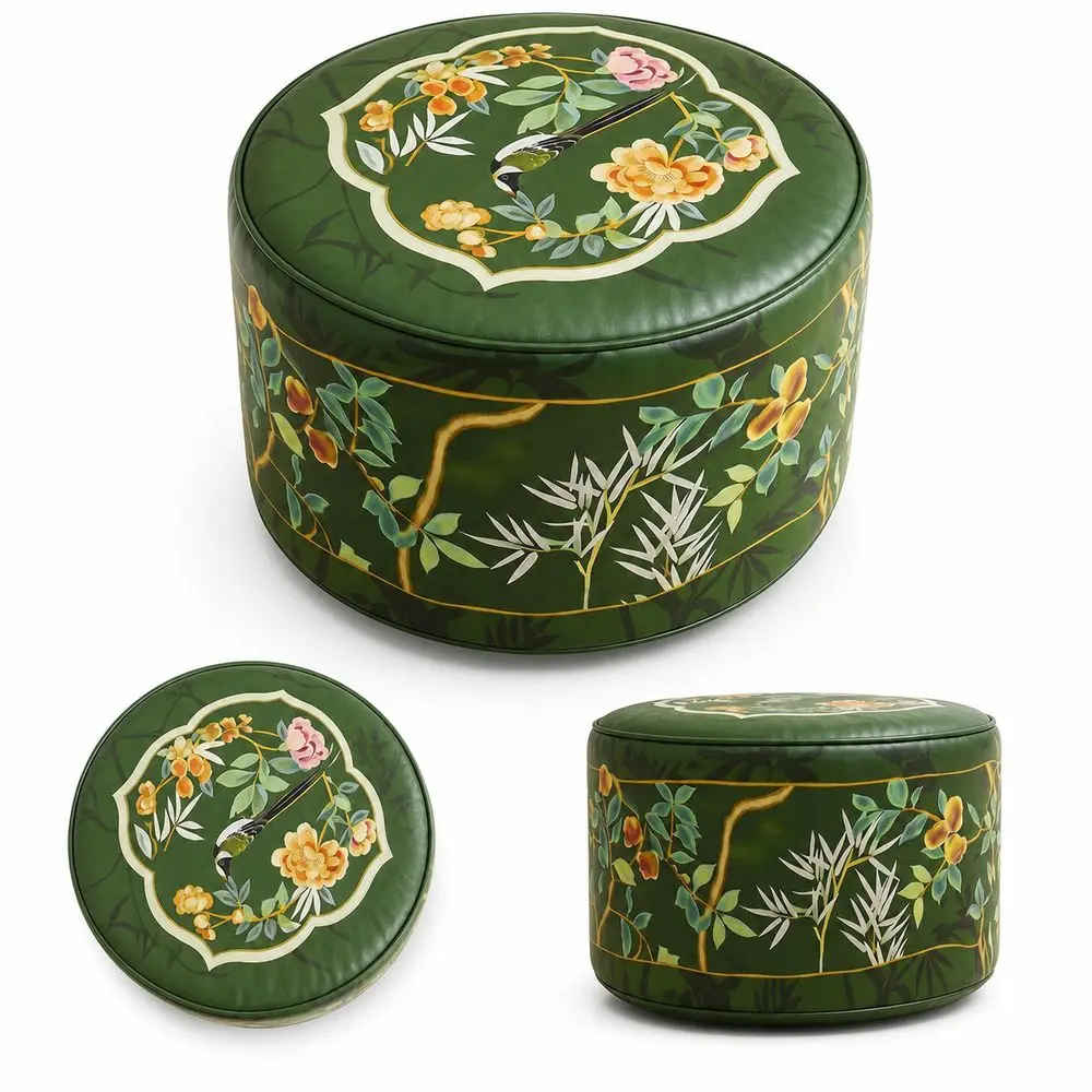 Boho Pattern Ottoman Pouf PU Leather Green Storage 8 Boho Pattern Ottoman Pouf PU Leather Green Storage