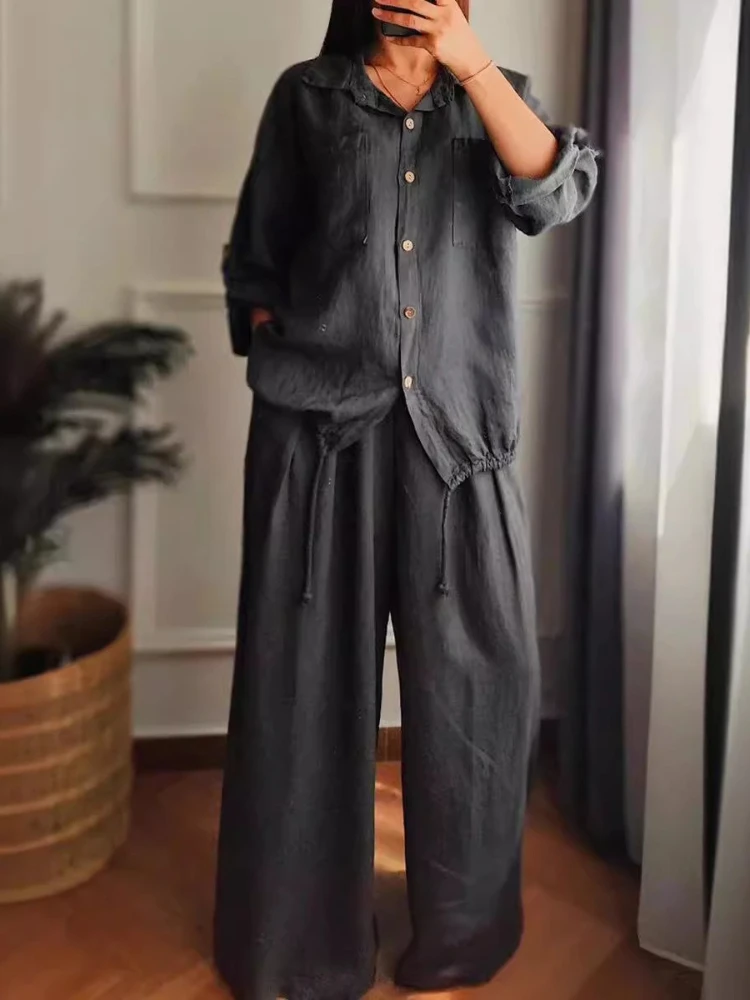 

Fashion Cotton Linen Shirt Long Sleeved Women's Set Spring Autumn Loose Cotton Linen Wide Leg Trousers Female Office 2piece Set