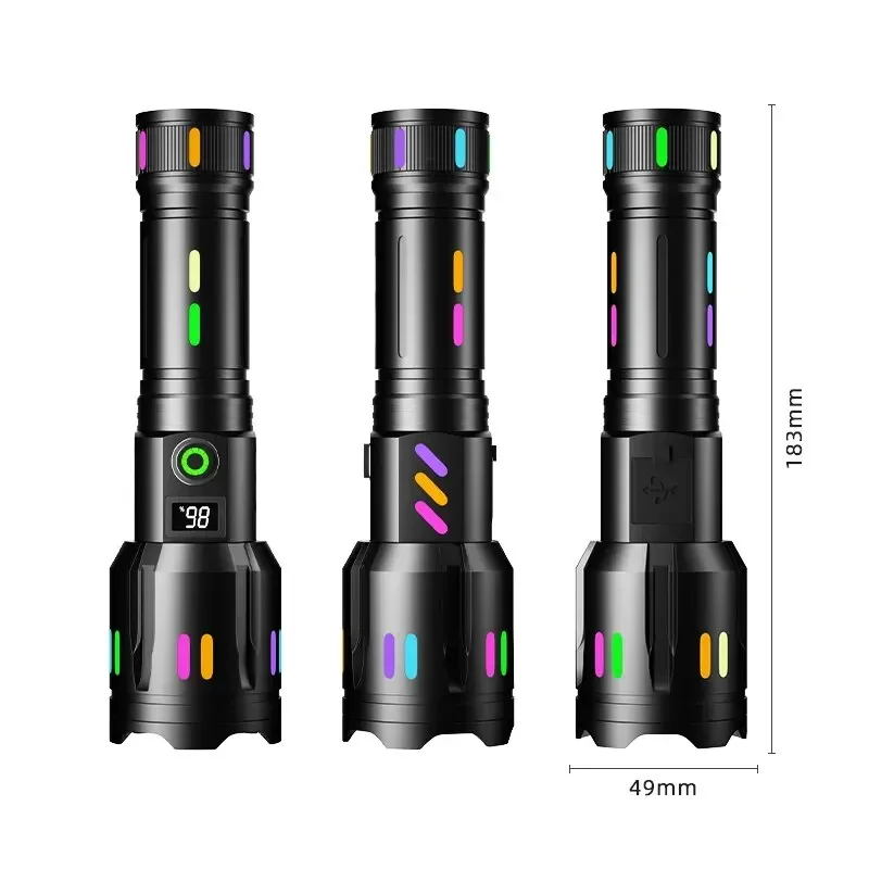 Long Range LED Flashlight High Power Spotlight Fluorescent Absorbing Film Luminous Colorful Zoom Flashlight Camping Emergency