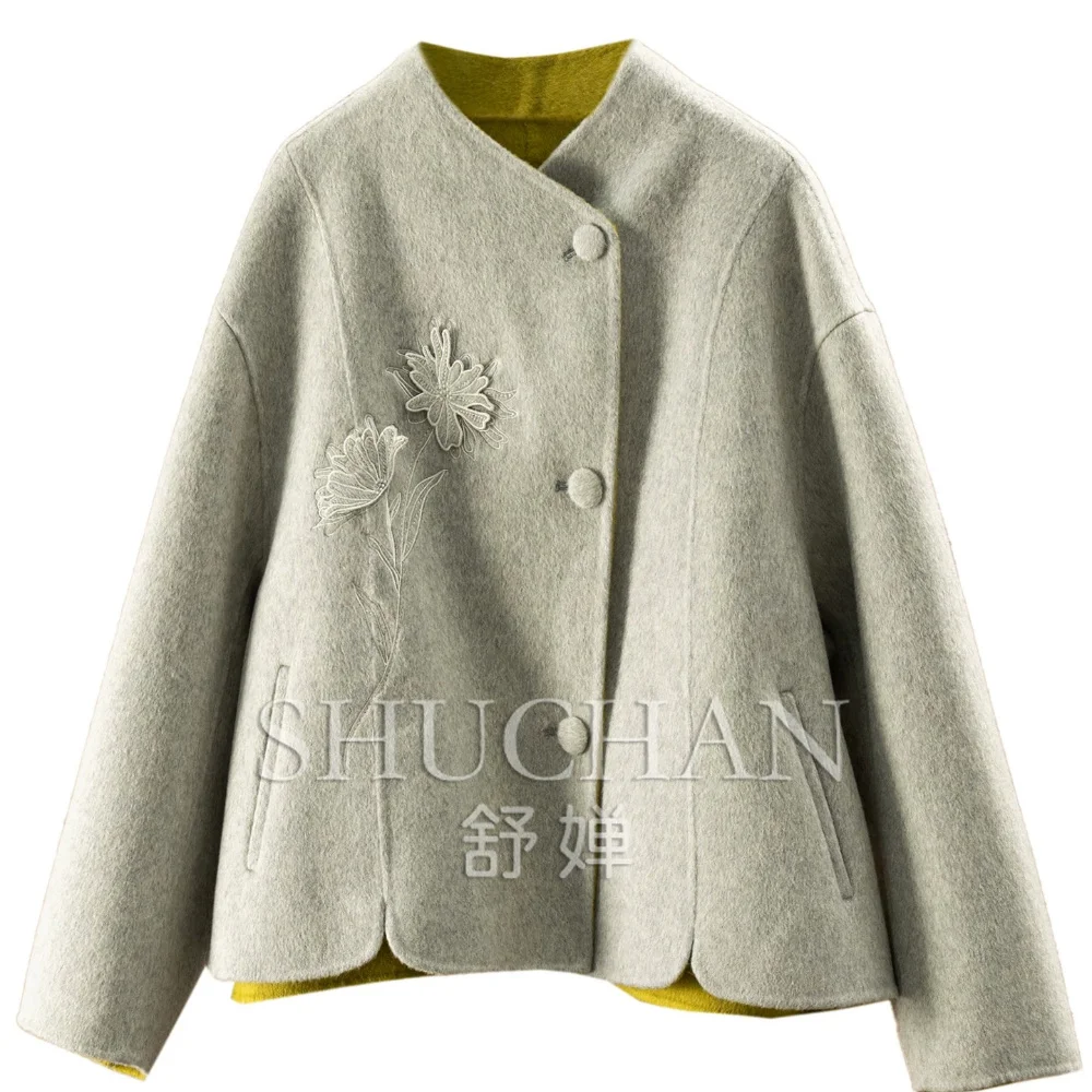Elegant style coat Chinese embroidered wool cashmere handmade double-sided woolen short coat jacket female 56G6