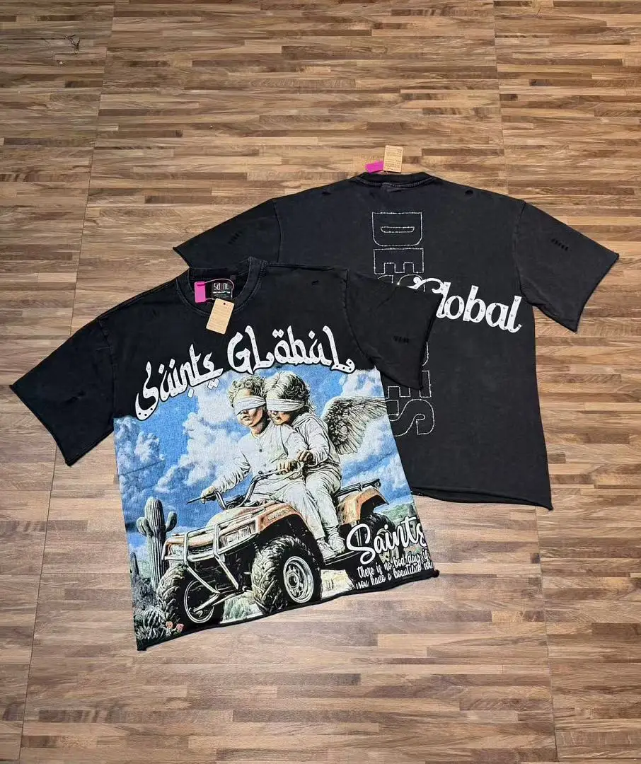 Distressed Washed Saint Global  T Shirt Men Streetwear Rhinestone Script Desert Cactus Vintage Graphic Cotton Short Sleeve Tees