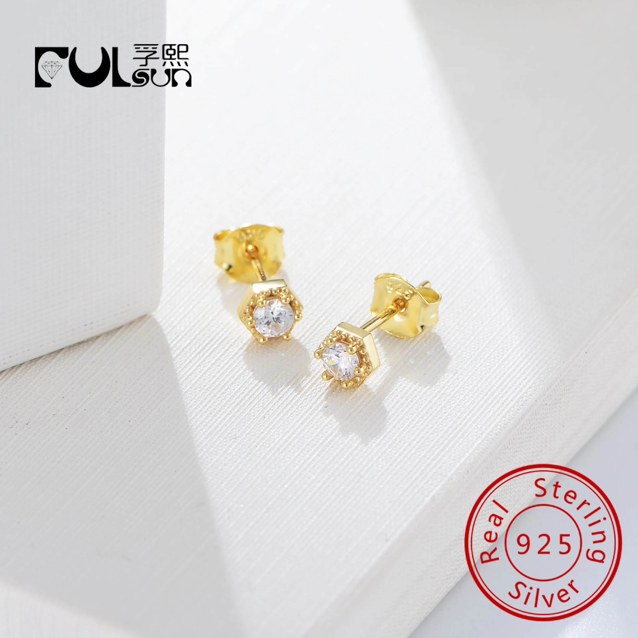 

Minimalist Single Stone Hexagonal 925 Sterling Silver 14k Gold Plated CZ Cubic Zirconia Stud Earrings