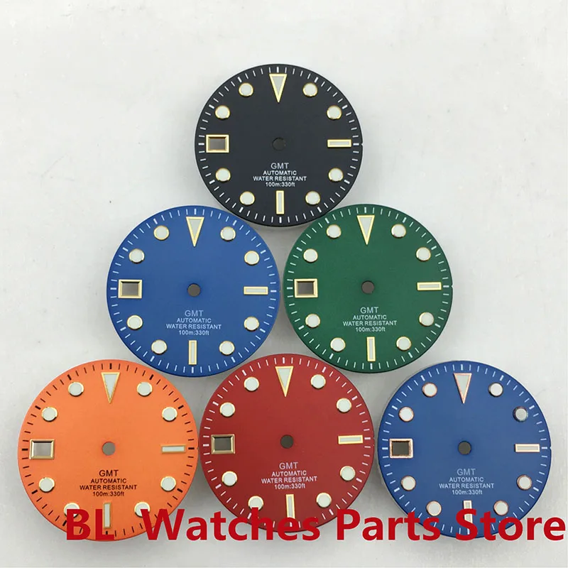 BL New 29mm Sterile Dial Gold Edge Time Mark Green Luminous Suitable for NH34(GMT)9 o'clock Date Movement