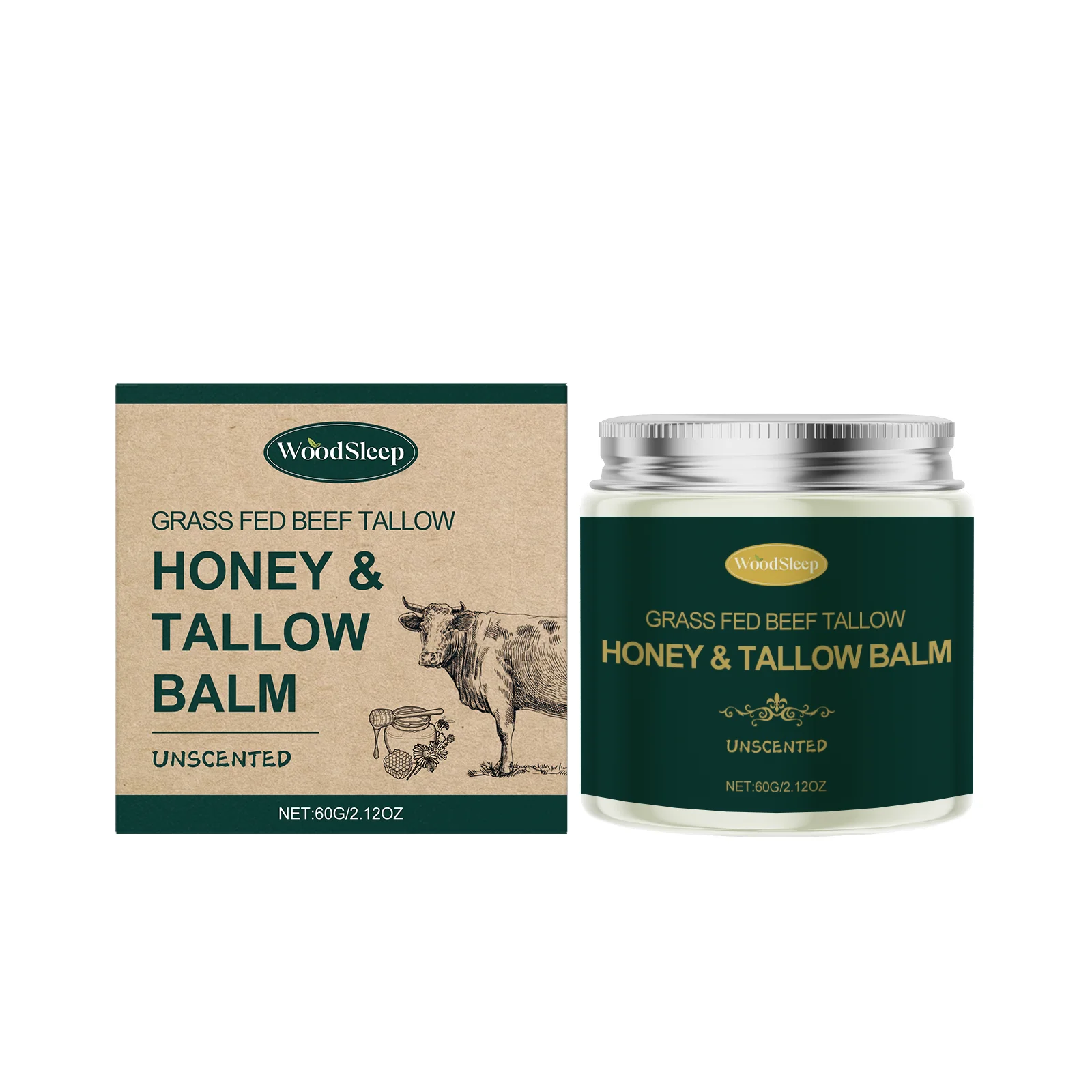 Woodsleep Organic Grass Fed Beef Tallow Balm Lifting Facial Rejuvenation Deep Hydration Face Care Unscented Tallow Honey Cream
