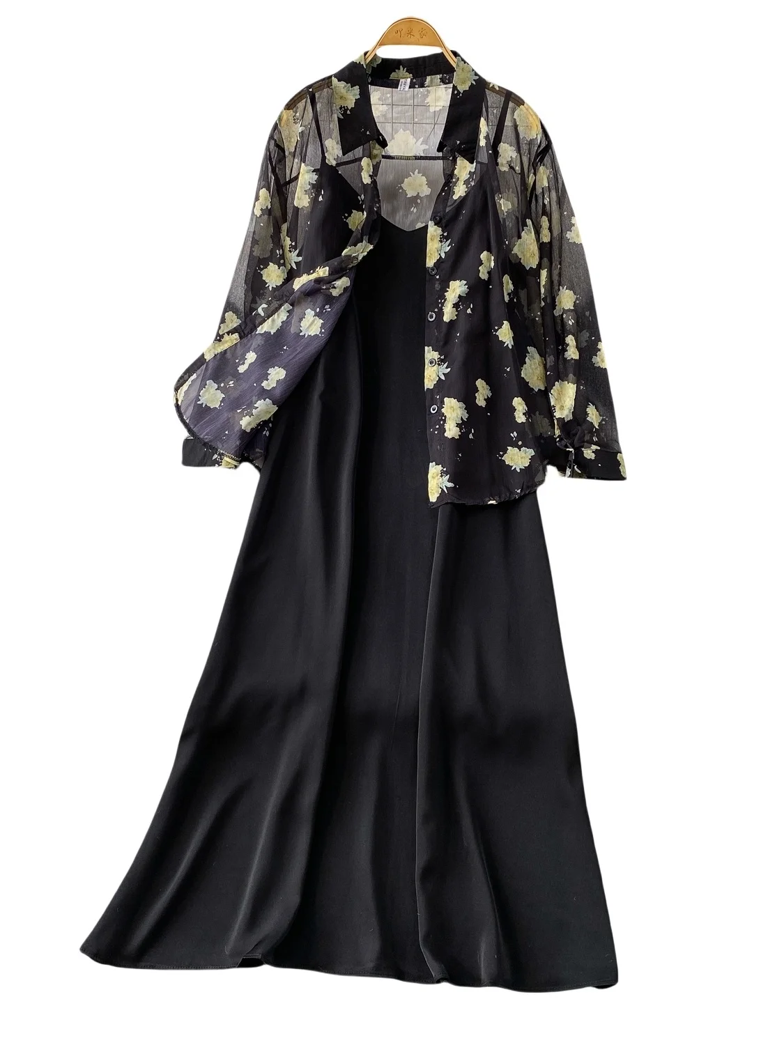 

Light Blue Floral Print Long Sve Sun Protection irt Jaet Satin Loose Slimming Long Dr Two Piece Set for Young Women