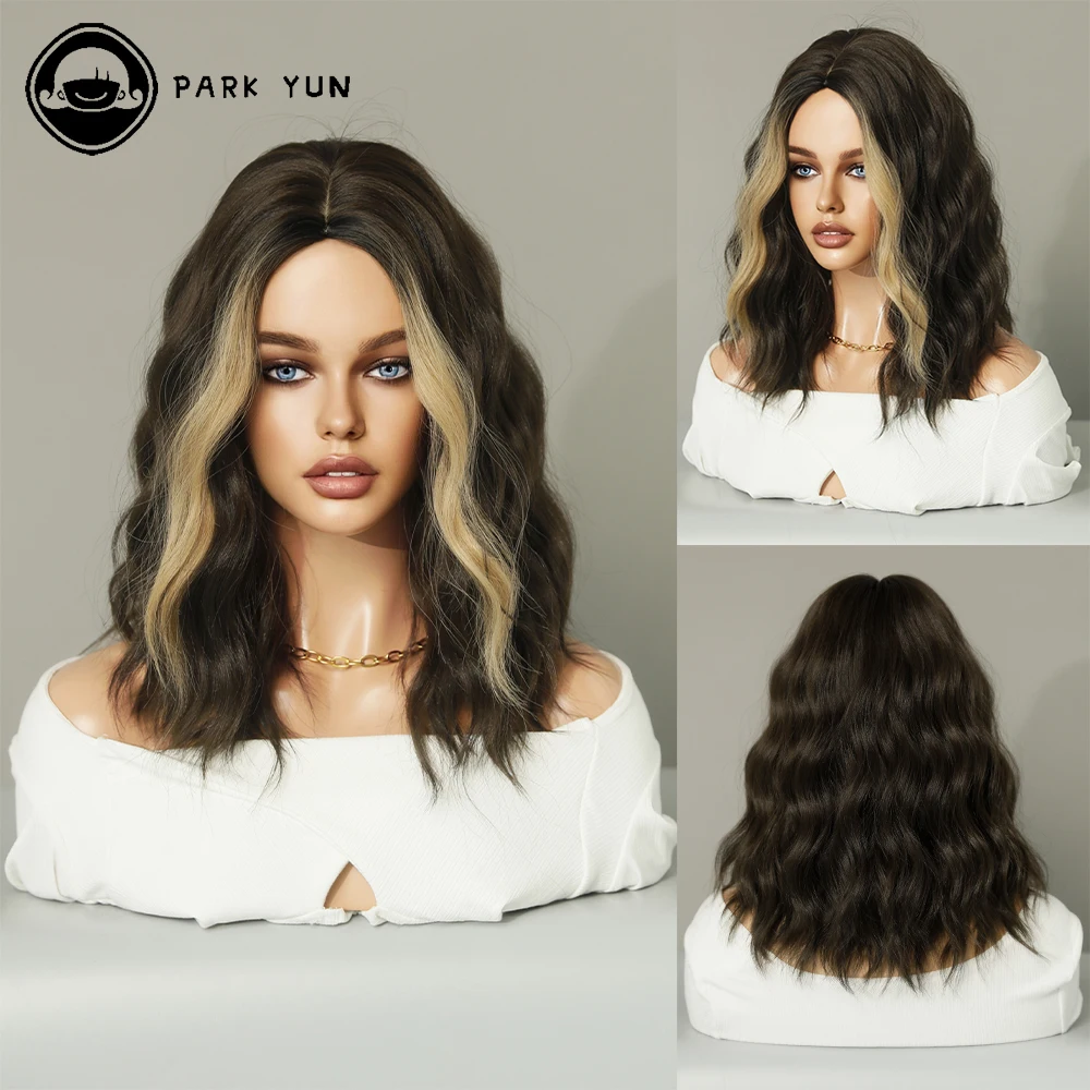 Black Short Wavy Wigs for Women Mixed Beige Mid Parting Curly Synthetic Wig Party Daily Use Female Fake Hair Heat Resistant