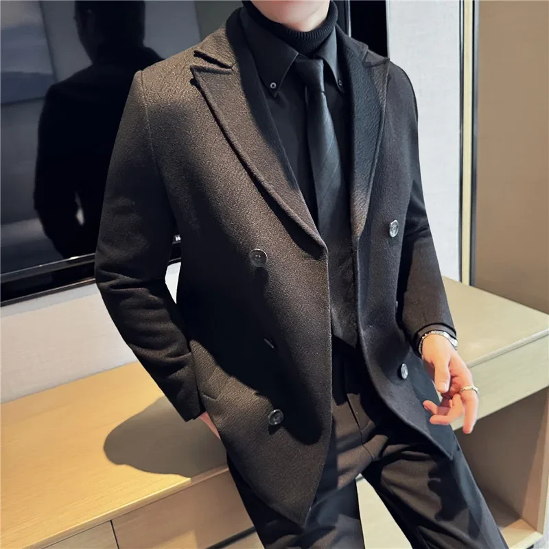 สไตล์อังกฤษฤดูใบไม้ร่วงฤดูหนาวหนา Double Breasted เสื้อขนสัตว์คุณภาพสูงผู้ชายธุรกิจสบายๆเสื้อสูทผู้ชายเสื้อผ้า