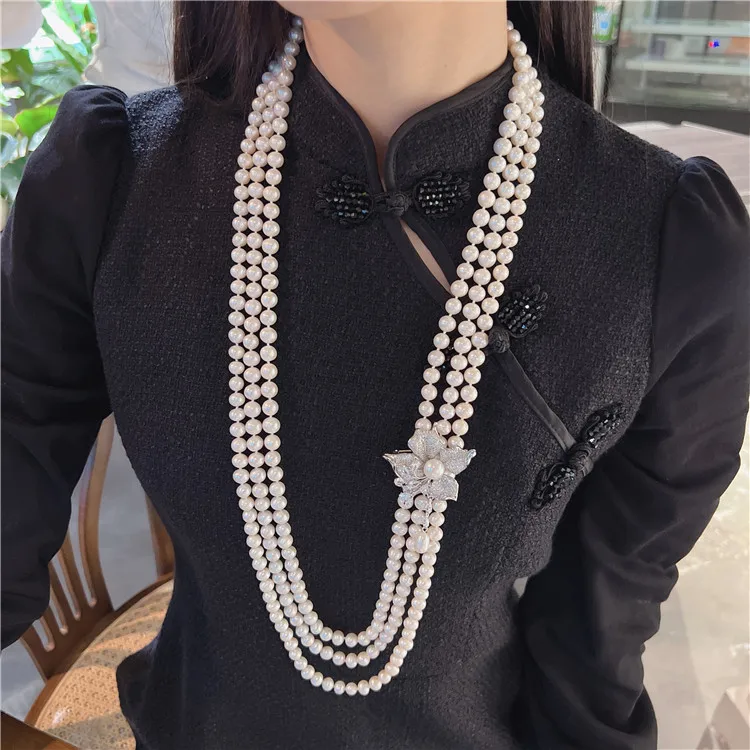 

Jewelry Natural Pearl 30''-35'' 3 Strands Natural White Pearl With Flower Removable Brooch Necklace For Women