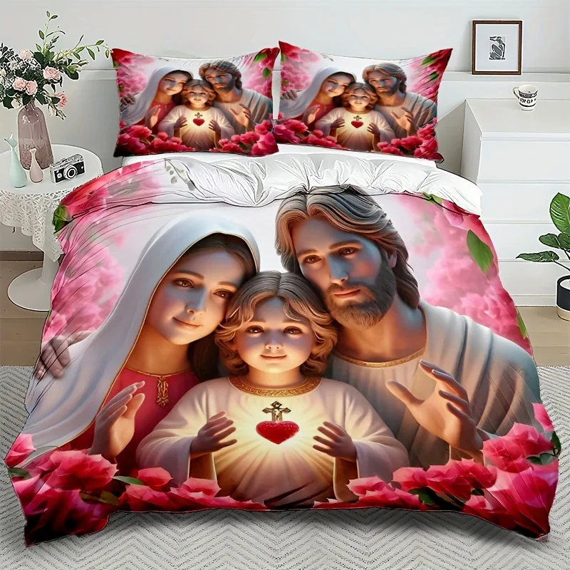 3pcs Jesus and Virgin Mary Duvet Cover Set 1 * Down Comforter + 2 * Pillowcases, No Fill, 3D Digital Print Religious Figures