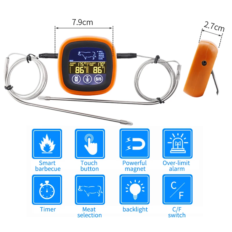 Kitchen Touch Screen Thermometer Digital Meat Waterproof Oven Cooking BBQ Temperature Meter Timer Mode with Double Probes