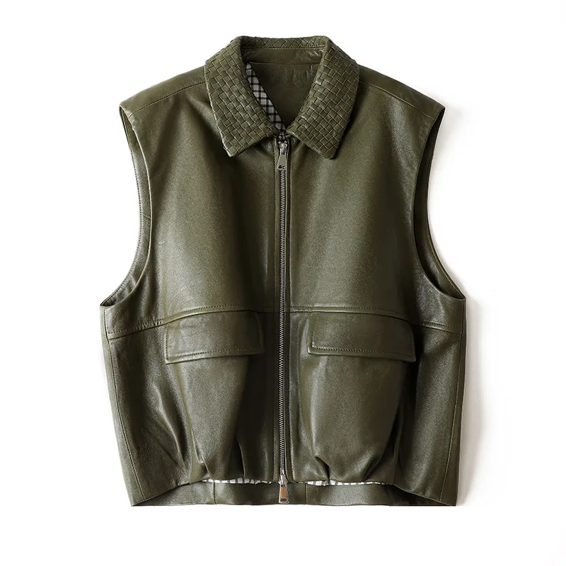 

Leather Vest Ladies Autumn Winter Semi-Vegetable Tanned Sheepskin Fashion Knitted Collar Short Green Casual Waistcoat Gilets